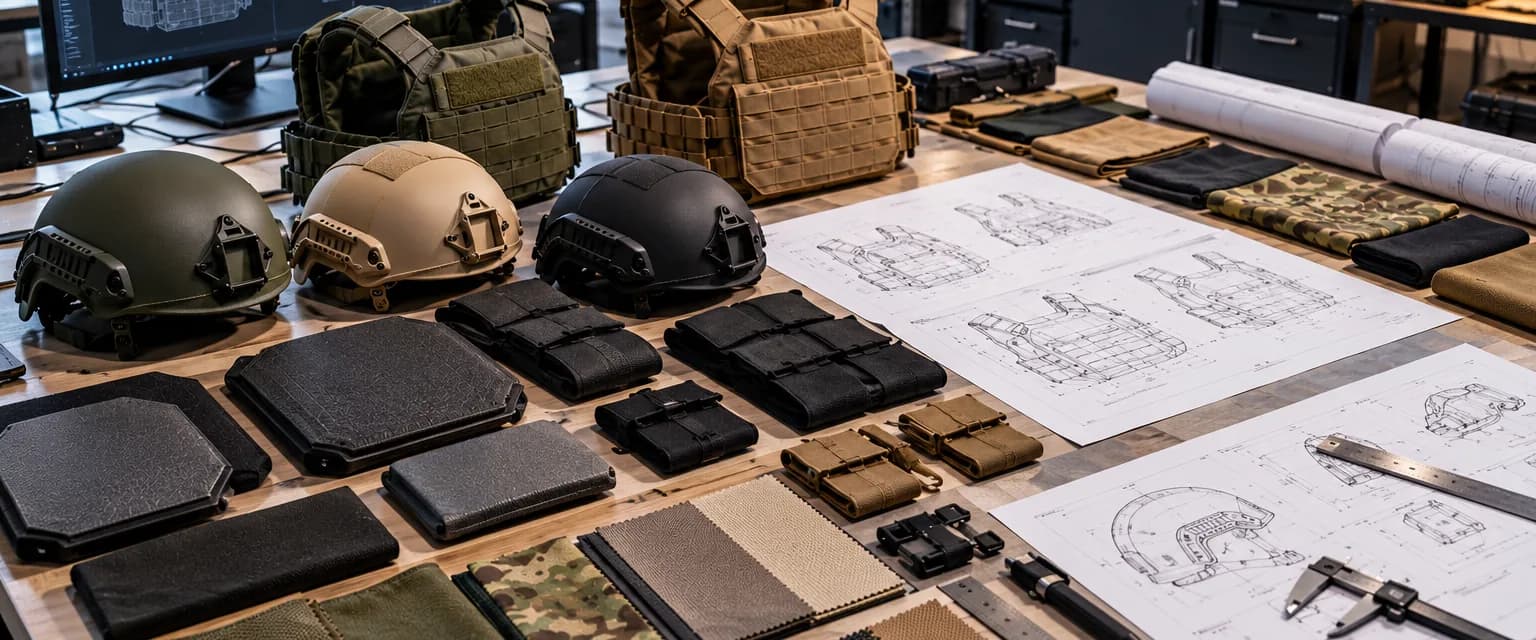 Protective equipment samples laid out on a design table for evaluation