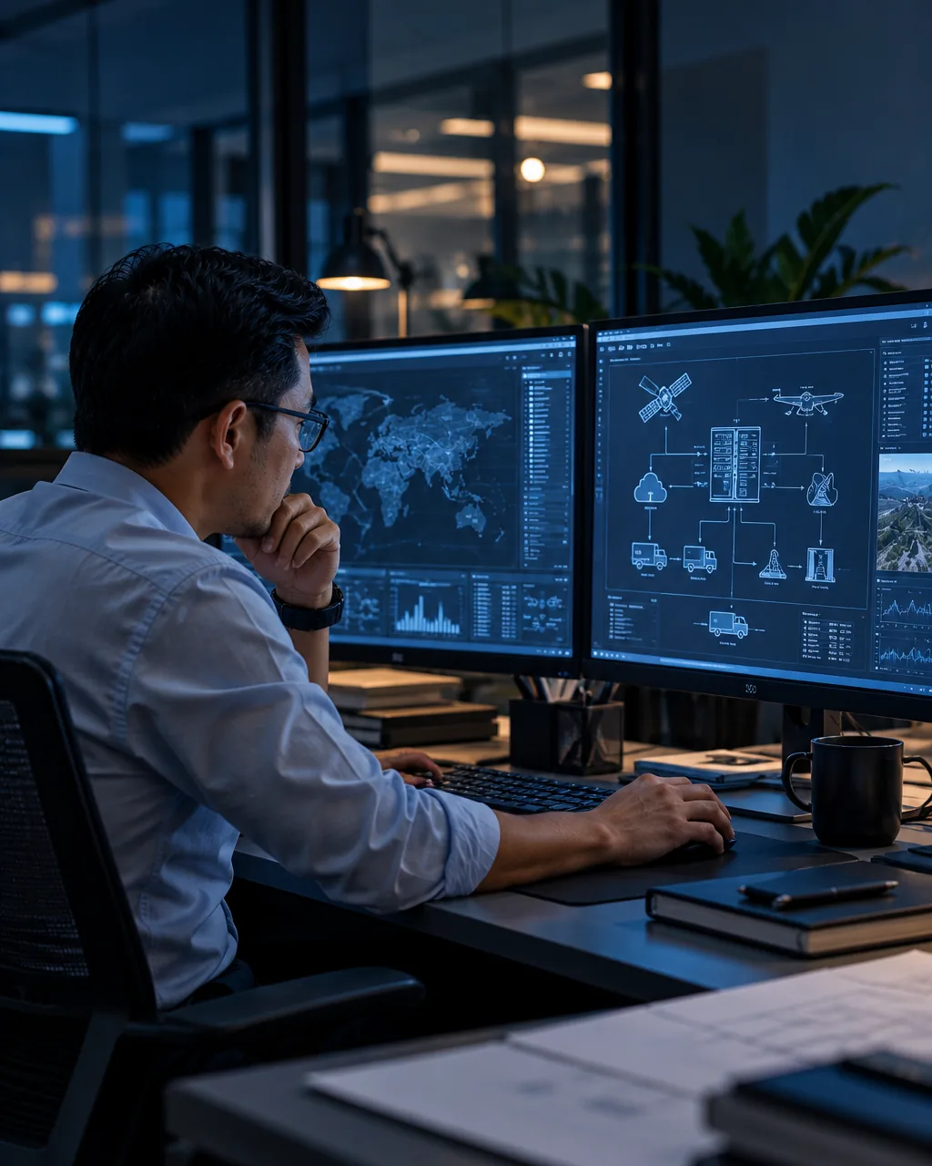 Systems engineer working at a workstation with technical diagrams