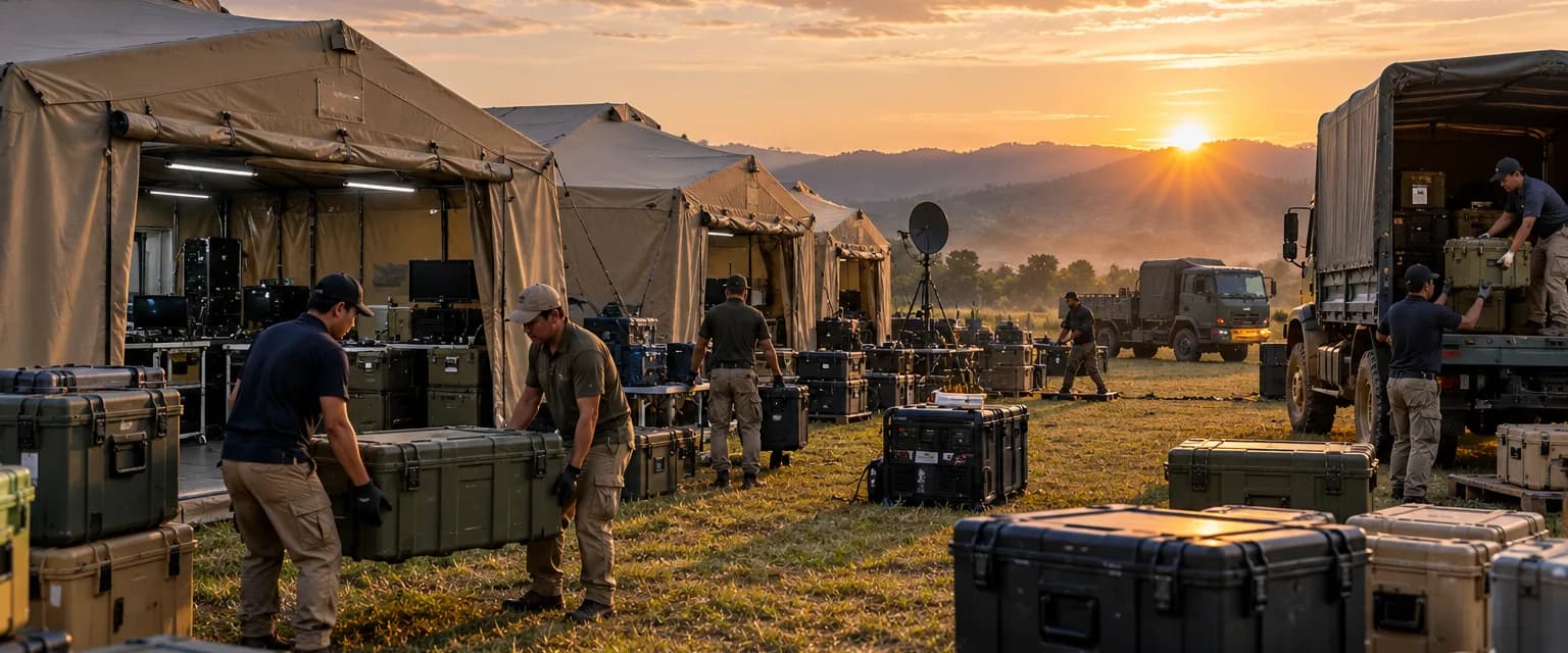 Deployable field shelters and equipment cases set up on open ground