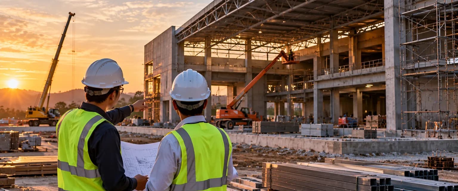 Modern training facility under construction with engineers on site