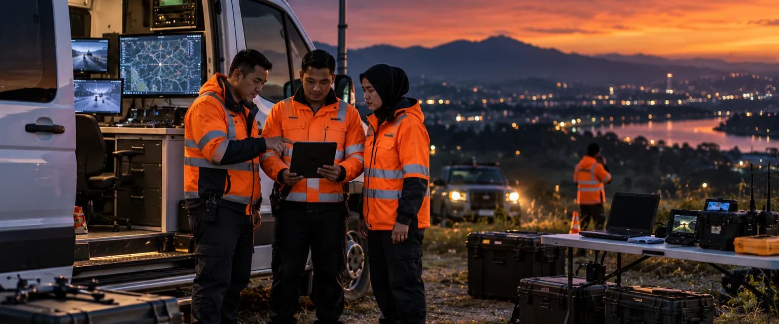 Emergency response team coordinating at a mobile command vehicle