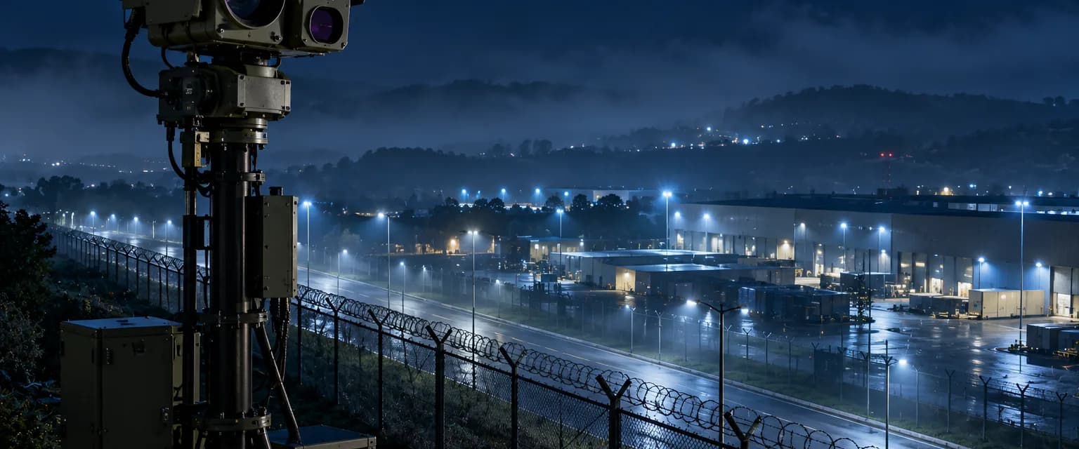 Sensor mast overlooking a perimeter fence at night