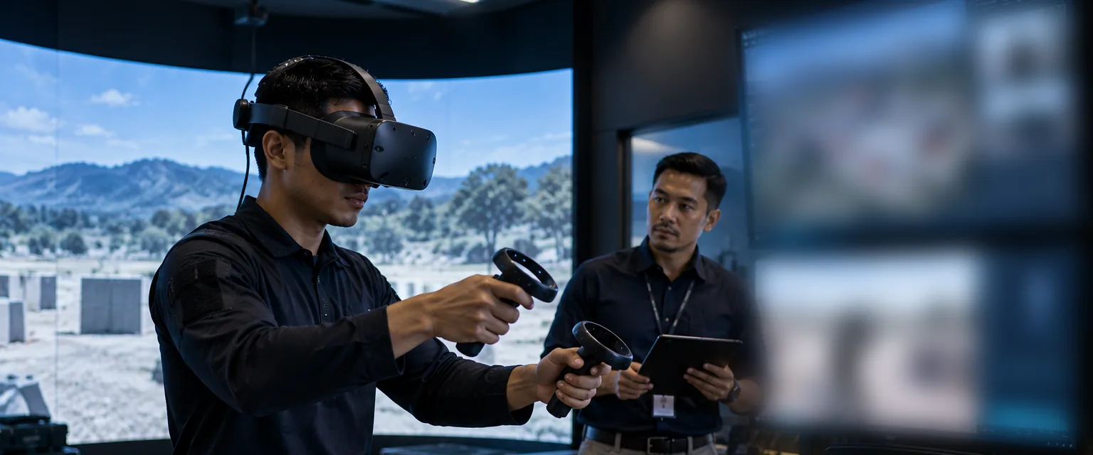 Trainee using a virtual-reality simulator while an instructor monitors