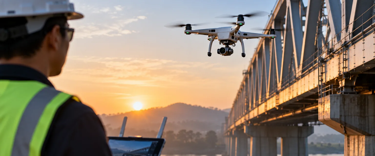 Inspection drone flying over infrastructure at sunrise