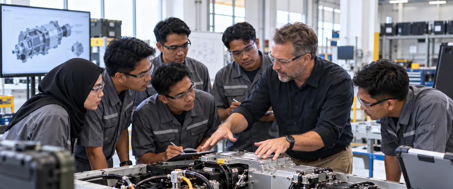 International trainer teaching local technicians in a workshop