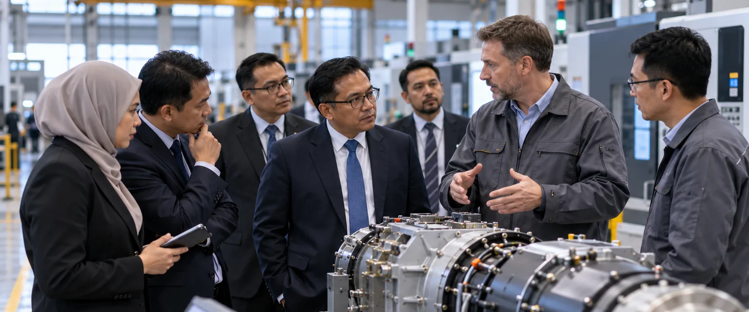 Malaysian and international engineers discussing equipment at a factory visit