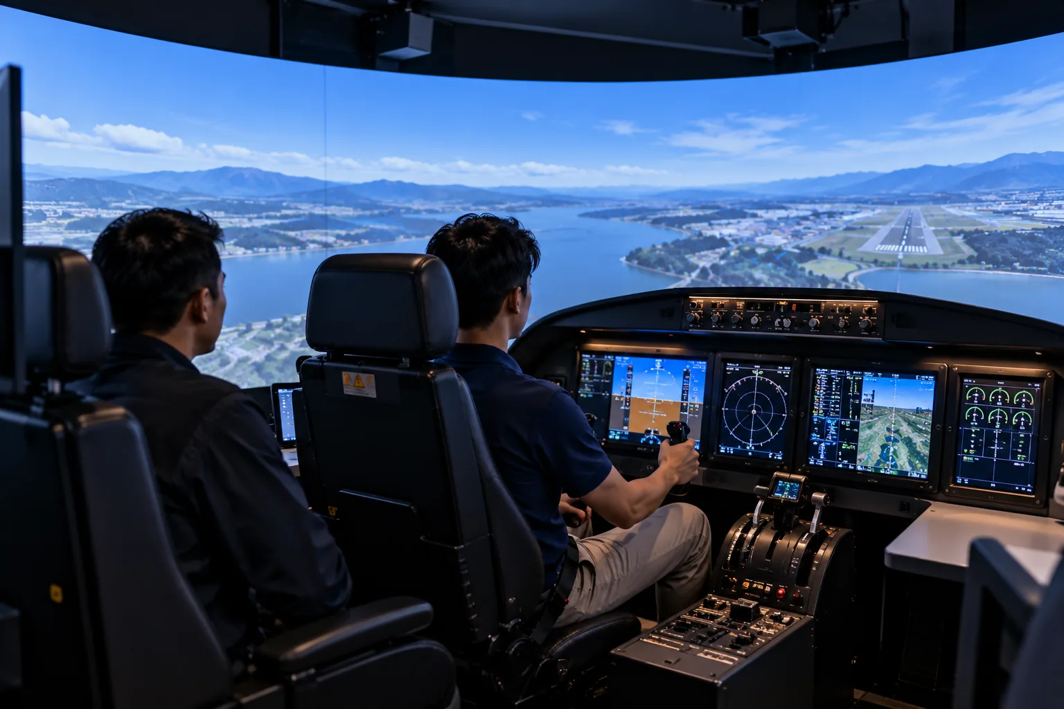 Full-motion flight simulator cockpit with a trainee pilot