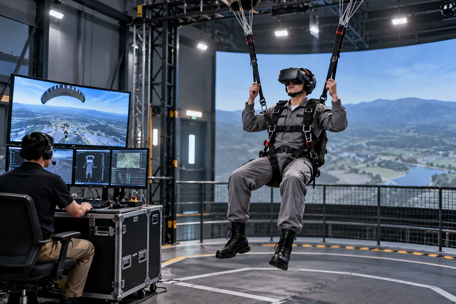 Trainee in a harness using a virtual-reality parachute simulator