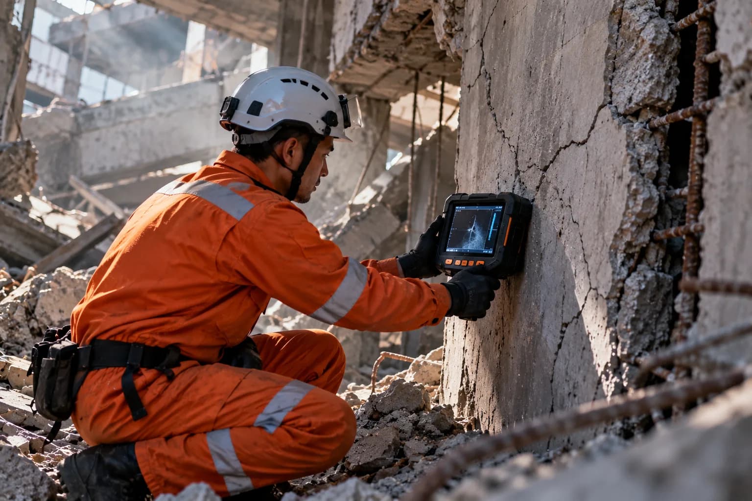Rescue specialist using a portable sensing device against a damaged wall