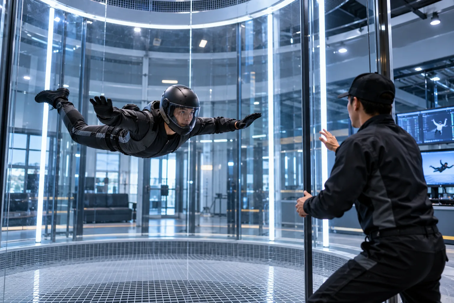 Person in stable body flight inside a vertical wind tunnel